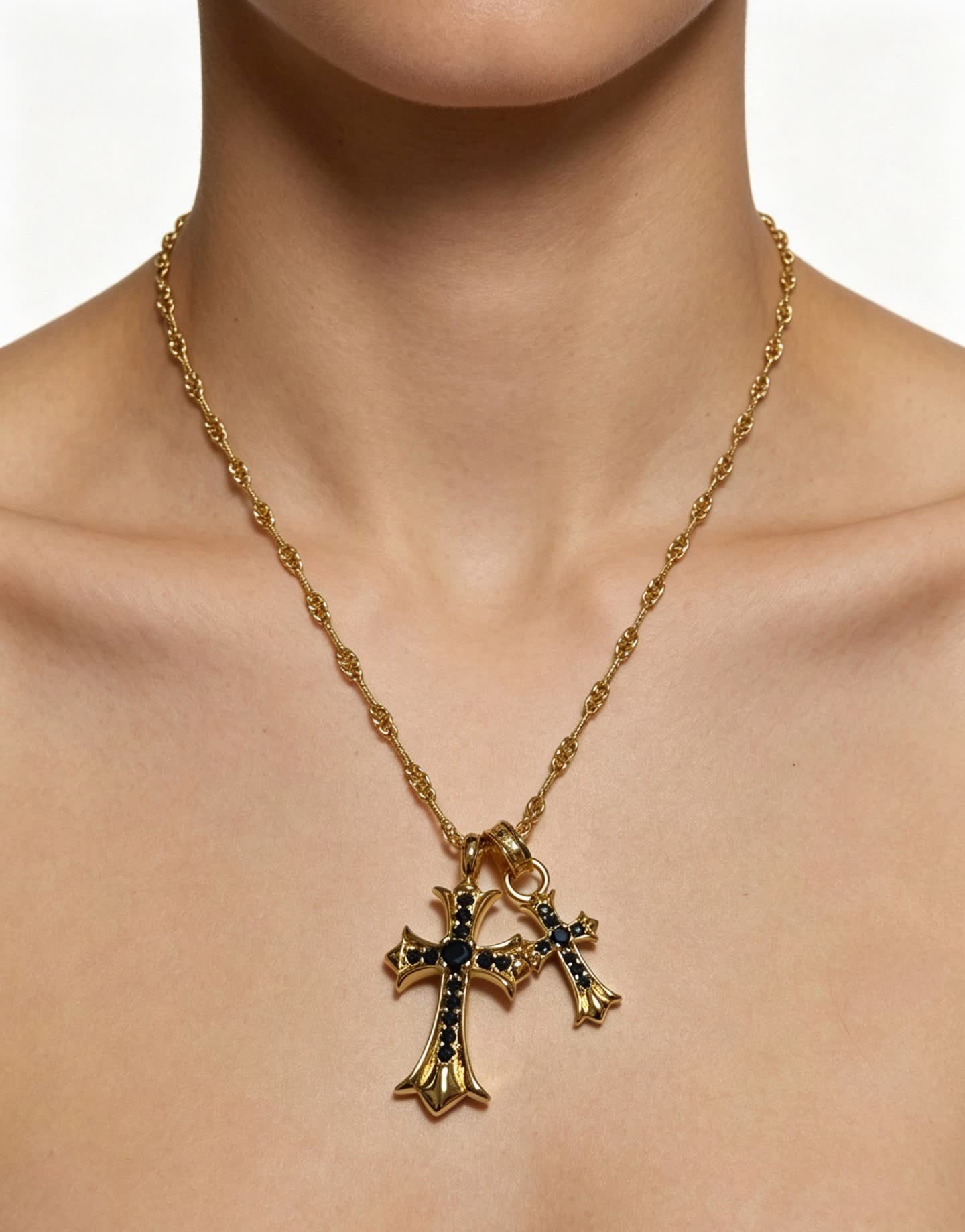 Chrome Hearts Gold Cross Pendant Necklace with Black Stones